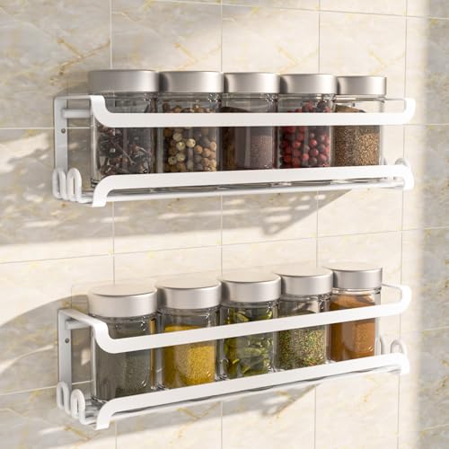 LUCYCAZ 2 Pack Wall Mounted Spice Rack with 8 Hooks, Spice Organizer Shelf for Stove Cabinet Pantry Door,Screw or Adhesive Spice Shelf Hanging Wall Spice Rack in Kitchen and RV (White, 2 PACK) - color: White, size: 2 PACK