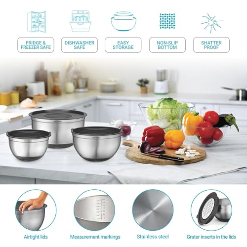 Belwares Mixing Bowls with Lids Set of 5 - Stainless Steel Mixing Bowl Set, Kitchen Nesting Metal Bowls with Non Slip Bottoms + 3 Grater Attachments, Airtight Lids, Food Prep + Storage, Matte Black - color: Matte Black, size: 5-Piece