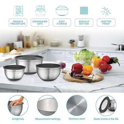 Belwares Mixing Bowls with Lids Set of 5 - Stainless Steel Mixing Bowl Set, Kitchen Nesting Metal Bowls with Non Slip Bottoms + 3 Grater Attachments, Airtight Lids, Food Prep + Storage, Matte Black - color: Matte Black, size: 5-Piece