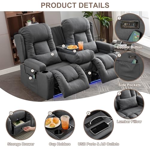 TUNYI Power Loveseat Recliner Sofa with Massage & Heat Home Theater Seating with Console RV Recliner Loveseat Sofa with USB/Storage/Side Pocket/LED Light/Speaker (Dark Grey, Loveseat) - color: Dark Grey, size: 2 Seat