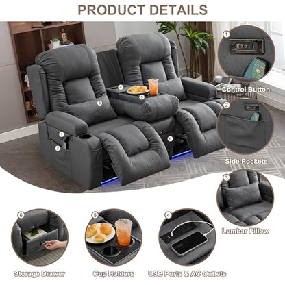 TUNYI Power Loveseat Recliner Sofa with Massage & Heat Home Theater Seating with Console RV Recliner Loveseat Sofa with USB/Storage/Side Pocket/LED Light/Speaker (Dark Grey, Loveseat) - color: Dark Grey, size: 2 Seat