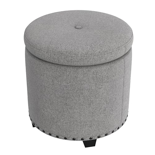 HomePop 18.5" Round Storage Ottoman with Nailheads - Grey Woven - color: Grey Woven