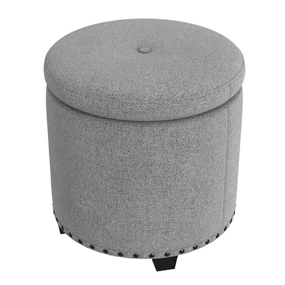 HomePop 18.5" Round Storage Ottoman with Nailheads - Grey Woven - color: Grey Woven