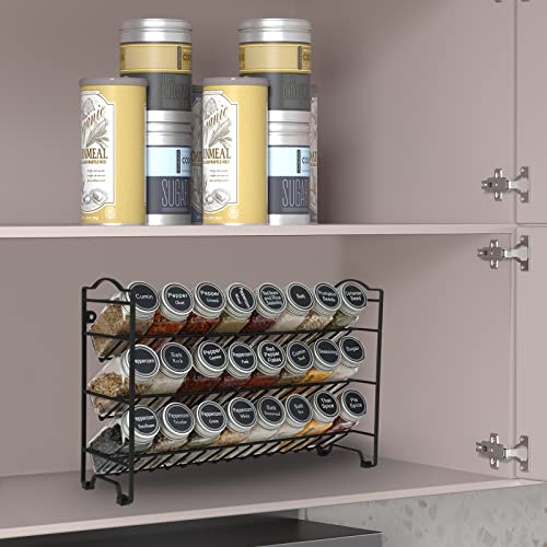 SWOMMOLY Spice Rack Organizer with 24 Empty Glass Spice Jars, 396 Spice Labels with Chalk Marker and Funnel Complete Set, for Countertop, Cabinet or Wall Mount, Black - size: 3 Tier