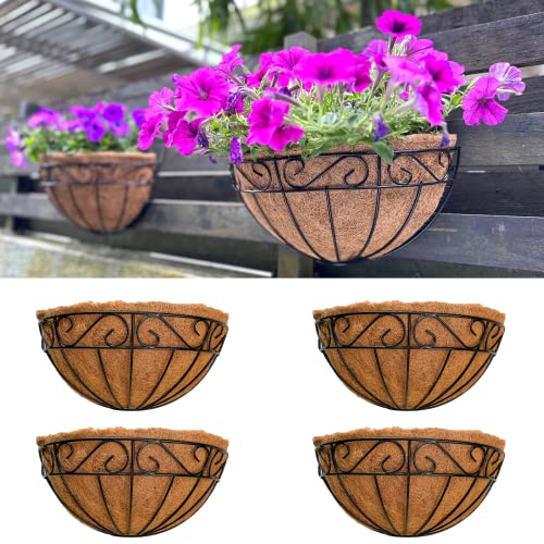 LaLaGreen Wall Hanging Planters, 4 Pack, 12 Inch Balcony Flower Baskets with Coco Liner Outside, Outdoor Vertical Garden, Fence Pots Holder Half Round Semi Circle Rail Railing Deck Porch Balcony Patio - size: 12" (30.5cm) x 4 Pack