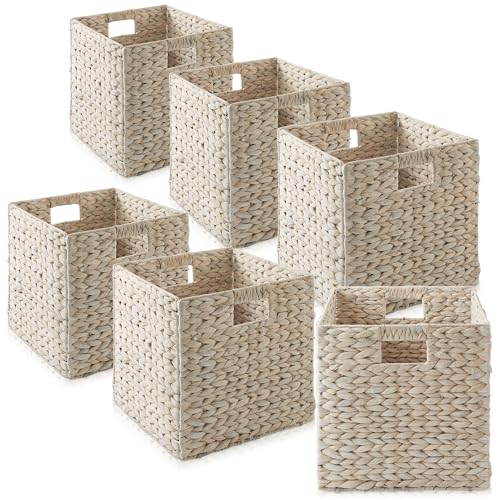 Casafield 12" x 12" Hyacinth Storage Baskets, Whitewash - Set of 6 Storage Organizers, Woven Wicker Cubes for Bathroom, Bedroom, Laundry, Shelves - color: Whitewash, size: 6-Pack