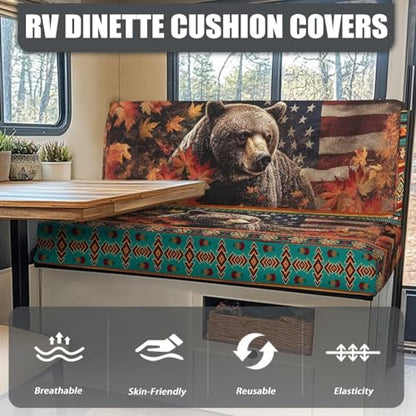 RV Dinette Cushion Covers Stretch Camper Cushion Cover Booth Seats, Aztec Bear Maple Leaf Print Washable Sofa Furniture Protector Replacement Slipcovers for Travel Trailer Couch - color: Aztec Bear Maple Leaf