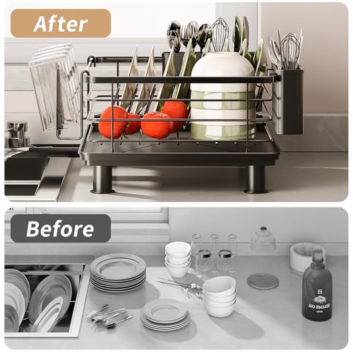 PureBox Dish Drying Rack, Rustproof Stainless Steel Kitchen Counter Organizer with Cup Holder, Utensil Caddy & Drainer Board, Space Saving, Black