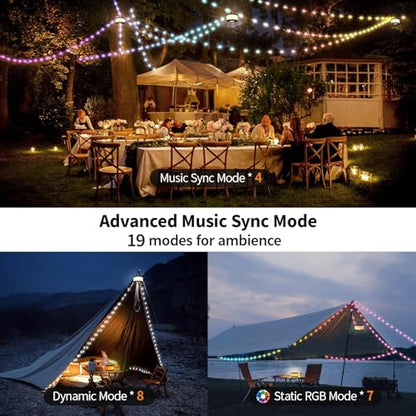 TOHETO 2-Pack Camping String Lights, 3 in 1 Upgraded Retractable RGB Outdoor String Lights with 19 Lighting Modes, Quick 30s Recovery, 32.8 FT Portable Tent Light, Rechargeable Camping Lantern (Black) - style: Black-2Pack