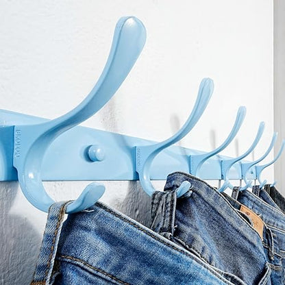 SKOLOO Heavy Duty Wall Mounted Coat Rack - 6 Hooks, Stainless Steel, Pack of 2, Sturdy Coat Hooks for Hanging Clothes, Jacket, Hat, Blue - color: Blue, size: 6 Hook(2 Pack)