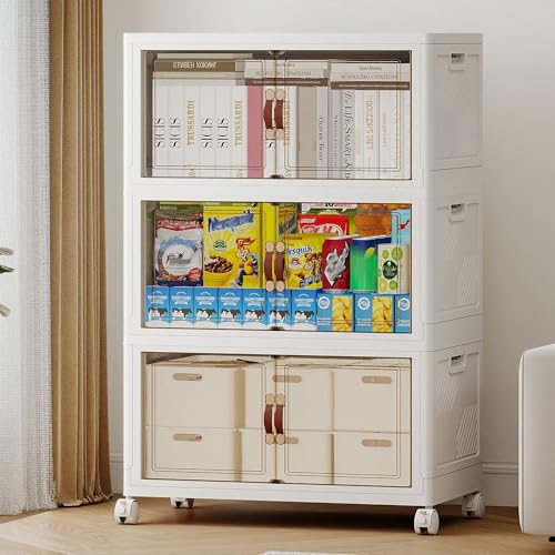 288QT Extra Large Stackable Storage Bins with Lids & Wheels & Door, 72Gal Foldable Collapsible Closet Organizers, Plastic containers drawers for bedroom Dorm - color: White