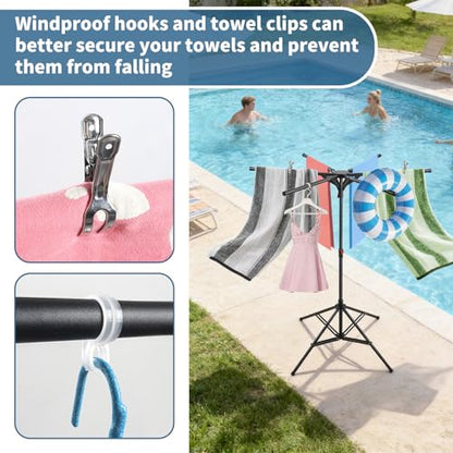 Pool Towel Rack Outdoor Adjustable Height 41.3-61.8In Towel Rack for Pool Heavy-Duty Freestanding Pool Float Storage Rack 4-Legged Stand & 6 Foldable Arms for Drying Swim Gear