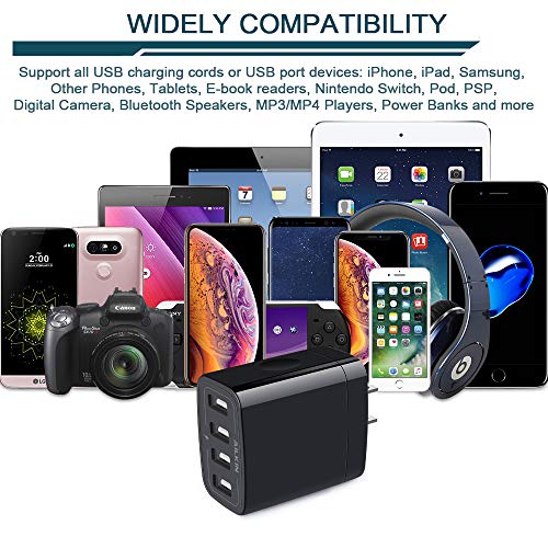 Wall Charger, USB Charger Adapter, AILKIN 4.8A 4Multi Port Fast Charging | USBA Station Power Base Block Plug Cube Brick for iPhone 17 16 15 14 SE 13 12 Pro Max/X/Plus, Samsung A17/S25/S26 Kindle Plug - color: Black