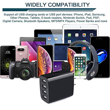 Wall Charger, USB Charger Adapter, AILKIN 4.8A 4Multi Port Fast Charging | USBA Station Power Base Block Plug Cube Brick for iPhone 17 16 15 14 SE 13 12 Pro Max/X/Plus, Samsung A17/S25/S26 Kindle Plug - color: Black