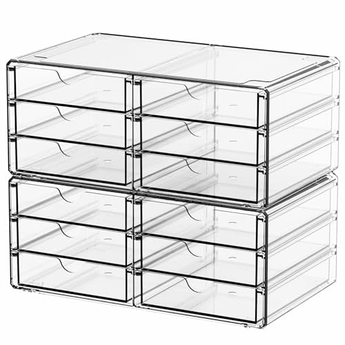 Yieach 2 Pack Acrylic Storage Drawers With 12 Small Drawer,Stackable Office Cabinet Organizer and Makeup Organizer,Clear Plastic Drawers for Craft Supply,Pen,Stationary,Accessory,Makeup,Desk Organizer - size: Large-12 Drawers-2Pack
