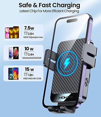 Wireless Car Charger, MOKPR 15W Fast Charging Auto-Clamping Car Mount Universal Hands-Free Car Charger Mount for Dash Windshield Air Vent Compatible with iPhone 16 15/14/13/12, Samsung S23/S22/S21,etc - color: Grey