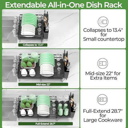 Large Dish Drying Rack, Expandable Dish Rack, Stainless Steel Dish Racks for Kitchen Counter, Multifunctional Dish Drainer with Utensil & Cup Holder, 13.4"-28.7" L x 11.8" W, Black - color: Black, size: 1 Tier