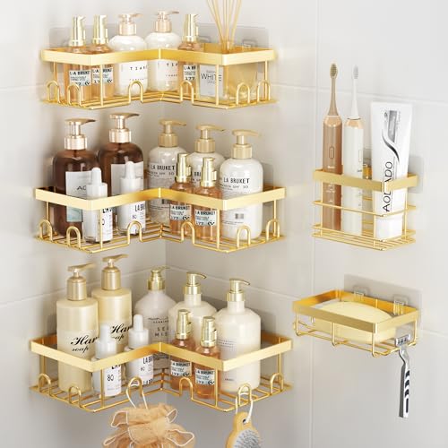 Liuoud Corner Shower Caddy 5 Pack, Rustproof Stainless Steel Shower Organizer with Soap Rack Toothbrush Holder, Large Capacity Adhesive No Drilling Bathroom Kitchen&Home Decor Set, Gold - color: Gold