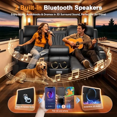 Power RV Loveseat Recliner Sofa, Reclining Loveseats Couch for RV Furniture, Home Theater Seating with Heat Massage, Flip Backrest, USB, Cup Holders, 150° Wall Hugger RV Recliners Sleeper Sofas - color: Flip Back Black, size: Loveseat-G1-Power