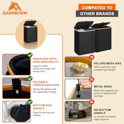 GARPROVM Double Laundry Hamper with Lid 150L Large Laundry Basket with Bamboo Handles Foldable Clothes Hampers with 2 Removable Liner Bags for Laundry for Bedroom Bathroom Dorm Laundry Room, Black - color: Black
