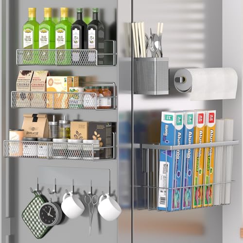 DTUQYX Magnetic Spice Rack for Refrigerator, 7 Pack Metal Magnetic Shelf, Moveable Magnetic Storage Fridge Organizer Grey, Spice Organizer, Hook Rack, Paper Towel Holder, Cutting Board Holder, HM5471 - color: Grey, style: Large 7 Pack