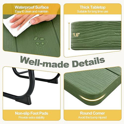 Tangkula 8 Person Picnic Table, Outdoor Square Picnic Table with 4 Built-in Benches, Umbrella Hole, Metal Frame & HDPE Tabletop, Outside Table and Bench Set for Backyard, 2300lbs Weight Capacity - color: Green
