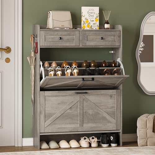 BORNOON Shoe Storage Cabinet for Entryway, Farmhouse Narrow Shoe Cabinet with 2 Flip Drawers & Top Drawers, Adjustable Shelves & Hooks, Freestanding Hidden Rack Organizer for Hallway, Foyer - color: Light Gray, size: 2 Flip Drawer