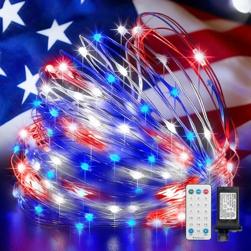LAMPHOME Red White Blue Patriotic Fairy Lights Plug in, 33Ft 100 LEDs Waterproof Twinkle Firefly Lights, Adaptor Included Starry String Light for Independence Day Patriotic Holidays Decoration - color: Red White Blue, size: 100 Count