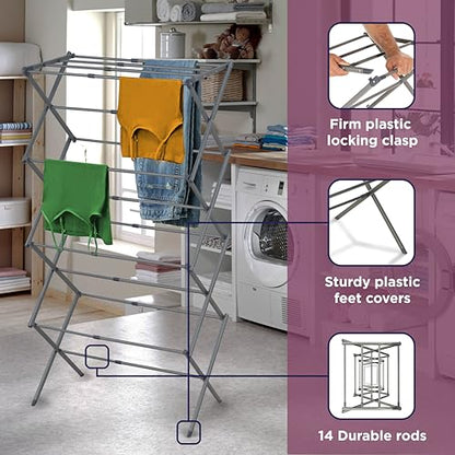 BLACK+DECKER 4-Tier Expandable Collapsible Clothes Drying Rack, Telescopic Height, Foldable Space-Saving Laundry Air Dryer for Towels, Shirts & Delicates – Durable Steel, No Tools Needed - color: Silver/Grey