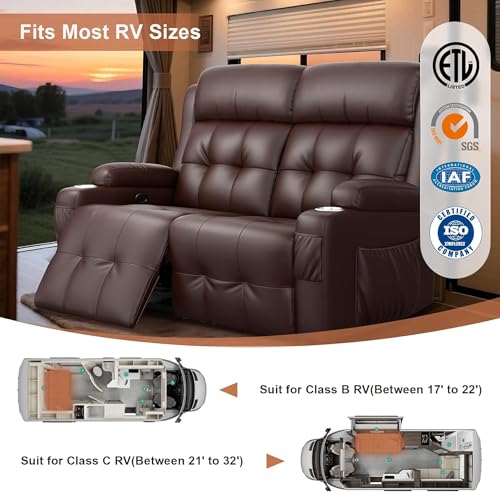 RV Loveseat Recliner Sofa, Wall Hugger Massage Reclining RV Couch with USB, Insert Pockets, Cup Holders, 150° RV Recliners Sleeper Sofas for RV Furniture & Travel Trailers & Home Theater Seating - color: Brown, size: Loveseat-G1