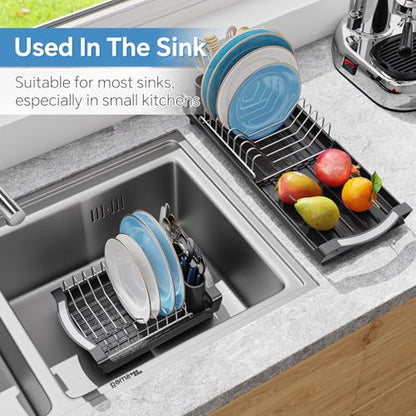 Simple Trending Small Dish Drying Rack, Compact Expandable Dish Rack with Cutlery Holder, Sink Dish Drainer for Kitchen Countertop, Black