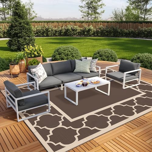 GENIMO 10 ' x 14 ' Outdoor Rug Waterproof for Patio Decor, Foldable Reversible Plastic Straw Area Rugs Mat for Camper, Outside Carpet for Rv, Deck, Porch, Picnic, Beach, Balcony, Coffee & Beige - color: Coffee&beige, size: 10' x 14' (Rectangular)