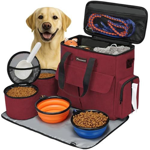 Airline Approved Pet Travel Bag, Weekend Travel Set for Dog and Cat, Airline Approved Tote Organizer with Multi-Function Pockets, 2 Dog Food Storage Containers, 2 Collapsible Bowls (Rose Red) - color: Rose Red