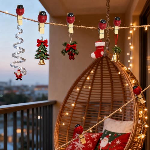 2 Sets Cute Ladybug Photo Clips with Hanging Strings, 24Pcs Mini Wooden Clips and 2 Jute Ropes for Picture Display,Small Pins for Notes Clothes Carfts Home Party Decoration Garland Gifts