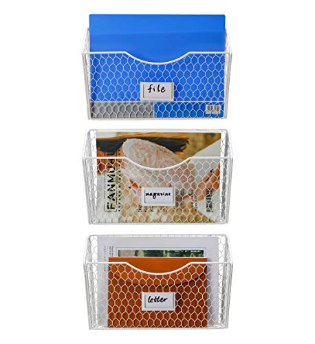 PAG 3 Pockets Hanging File Holder Wall Mount Mail Organizer Metal Chicken Wire Magazine Rack with Tag Slot, White - color: White, size: 3 Pockets