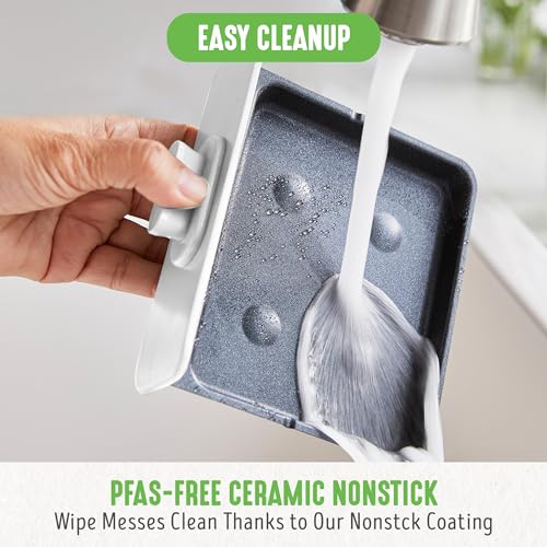 GreenLife 3-in-1 Breakfast Maker Station, Healthy Ceramic Nonstick Dual Griddles for Eggs Meat Sausage Bacon Pancakes and Breakfast Sandwiches, 2 Slice Toast Drawer, Easy-to-use Timer, White - color: White