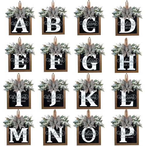 Last Name All Year Round Front Door Wreath with 26 Initial Letter Welcome Sign All Seasons Eucalyptus Garland and Bow ，Farmhouse, Porch, for Spring Summer Fall All Seasons Holiday Halloween Christmas.（K） - color: K
