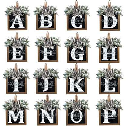 Last Name All Year Round Front Door Wreath with 26 Initial Letter Welcome Sign All Seasons Eucalyptus Garland and Bow ，Farmhouse, Porch, for Spring Summer Fall All Seasons Holiday Halloween Christmas.（T） - color: T