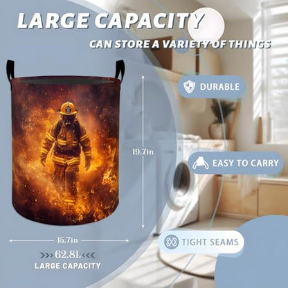 Brave Firefighter Walking Through Flames Laundry Basket with Handles, 19.7"x15.7" Clothes Foldable Laundry Hamper Organizer for Dorm Nursery Bedroom Bathroom Decor, Toy Storage Bin for Kids - style: Firefighter58