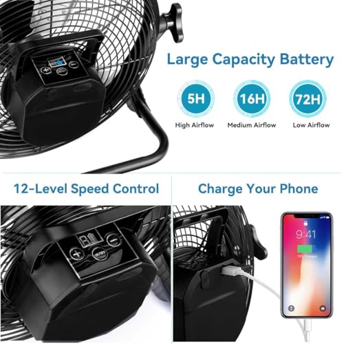 ZZE 14 Inch Battery Operated Fan Rechargeable, Upgraded with High Airflow Metal Blade Camping Fan, Cordless, Quiet, USB Phone Charge, 5-72H Working Time - size: 14 Inch