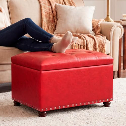 Joveco Leather Storage Ottoman, 24" Rectangle Square Bench Foot Rest Stool for Bedroom Living Room, Red - color: Red