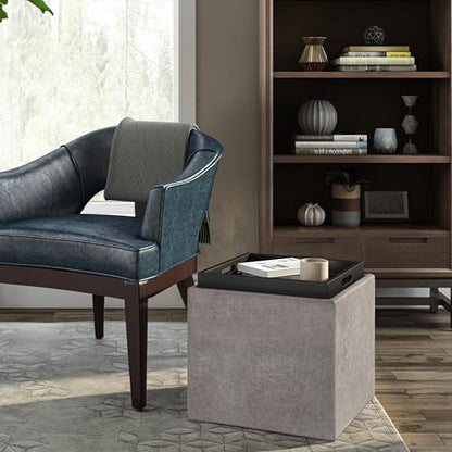 SIMPLIHOME Rockwood Cube Storage Ottoman with Tray - 17" Wide x 17" High Upholstered Vegan Leather Square Storage Ottoman in Distressed Grey Taupe, Contemporary Cube Ottoman with Serving Tray - color: Distressed Grey