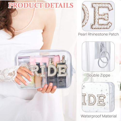 Etercycle Bride Clear Makeup Bag, Bridal Shower Gifts Engagement Cosmetic Bag, Bling Pearl Rhinestone Letter Patches Waterproof PVC Travel Organizer for Women Wedding Bachelorette Party (Gold) - color: Gold, style: Bride