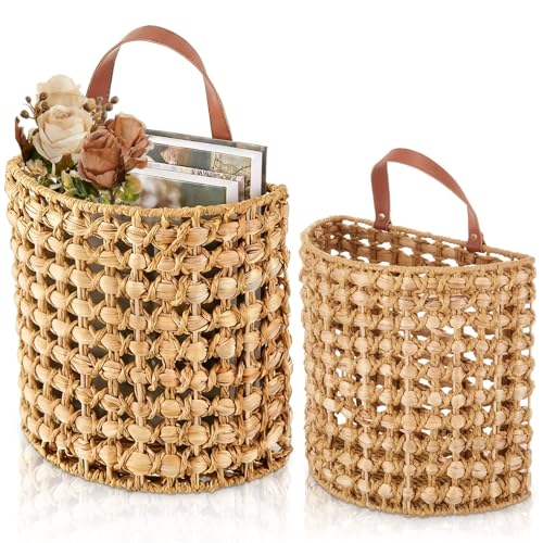 Chunful 2 Pcs Water Hyacinth Hanging Wicker Basket, Natural Wicker Decorative Baskets, Handmade Woven Storage Organizer for House Garden Wedding Wall Decorations, Large & Small Size(Classic Plaid) - style: Classic Plaid