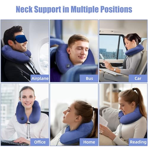 Inflatable Travel Neck Pillow for Airplanes, Super Soft Velvet Neck Support, Adjustable Firmness, Blow Up Plane Pillow for Long Flights, Road Trips, Travel Essentials with Eye Mask, Earplug - color: Premium Blue