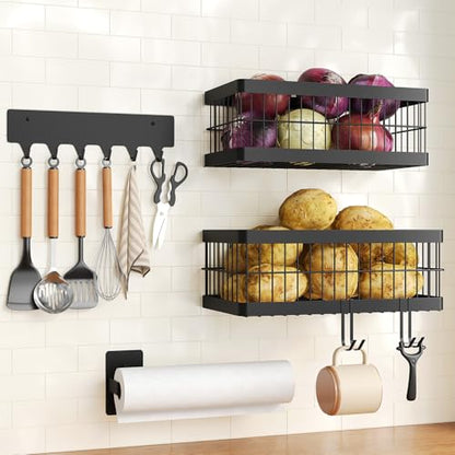 Nieifi Hanging Fruit Basket 4 Pack, Wall Mounted or Adhesive Kitchen Storage Baskets with Hooks Rack & Paper Towel Holder for Pantry, Fruit & Vegetable Storage