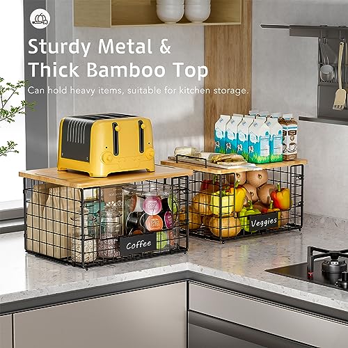 2 Pack Stackable Wire Baskets with Bamboo Top for Pantry Organizers and Storage, XXL Kitchen Organization Counter Basket for Fruit, Vegetable, Produce, Bread, Potato and Onion Storage Bins - size: XXL-15.2x11.02x9.84