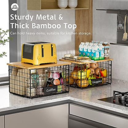 2 Pack Stackable Wire Baskets with Bamboo Top for Pantry Organizers and Storage, XXL Kitchen Organization Counter Basket for Fruit, Vegetable, Produce, Bread, Potato and Onion Storage Bins - size: XXL-15.2x11.02x9.84
