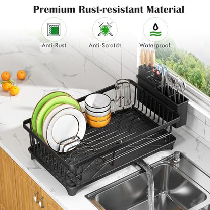 Kmiectse Dish Drying Rack - Space-Saving Small Dish Rack for Kitchen Counter, Rust-Resistant Kitchen Drying Rack, Compact Dish Drainer Organizer with Utensil Holder for Home Kitchen, Black - color: Black