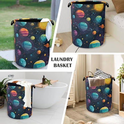 Celestial Planet Laundry Basket,Foldable with Handles Tote Bag Oxford Cloth for Bathroom Bedroom Dirty Clothes Storage Bucket 16" x 20.8" - color: Celestial Planet